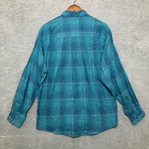 Vtg Claiborne Button Down Shirt Men M Teal Blue Plaid Linen Blend Breathable 90s - Picture 2 of 7